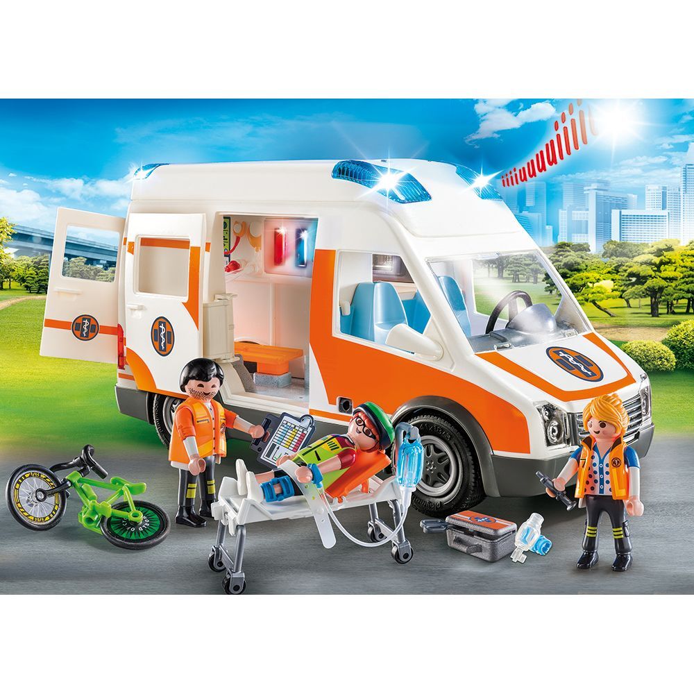 Jucarie Playmobil Ambulanta cu lumini si sunete, 34.8 x 24.8 x 12.5 cm, plastic, Multicolor