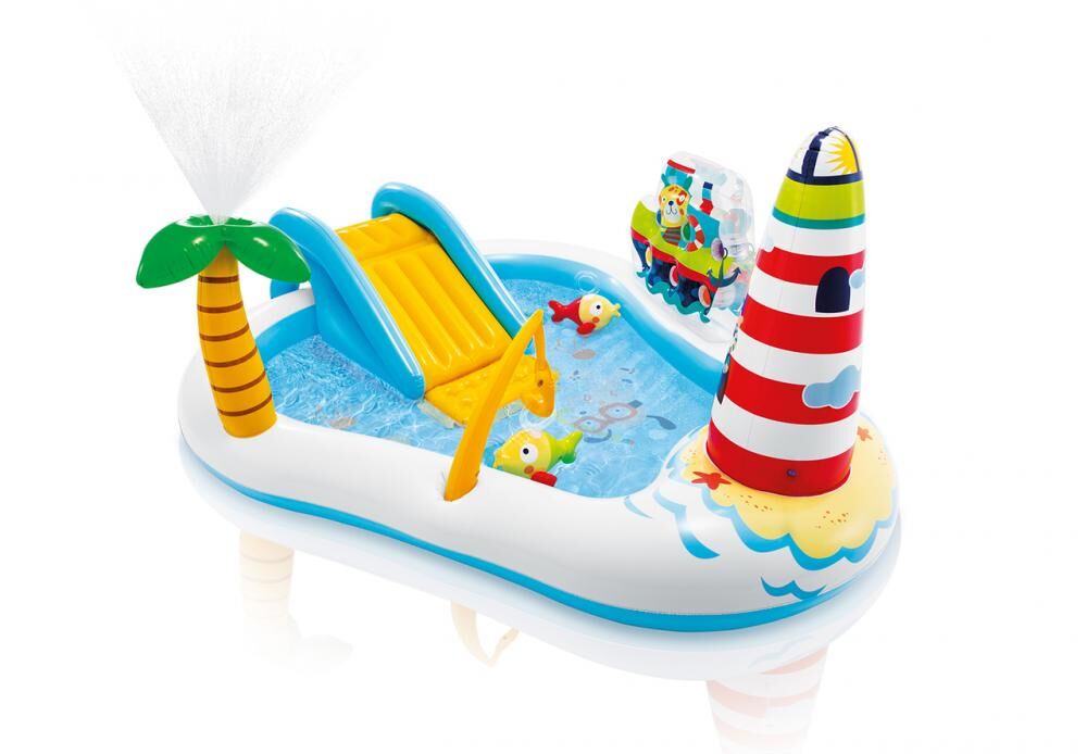Loc de joaca Intex, piscina gonflabila pentru copii, cu tobogan, bile, undita si pesti, 218x188x99cm, vinil, Multicolor