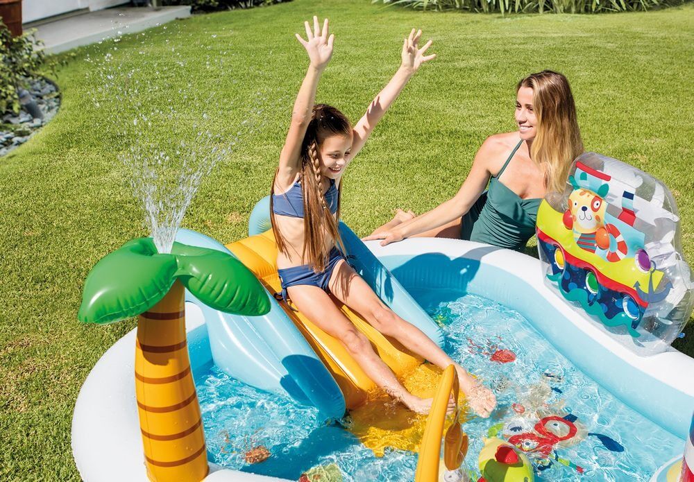 Loc de joaca Intex, piscina gonflabila pentru copii, cu tobogan, bile, undita si pesti, 218x188x99cm, vinil, Multicolor