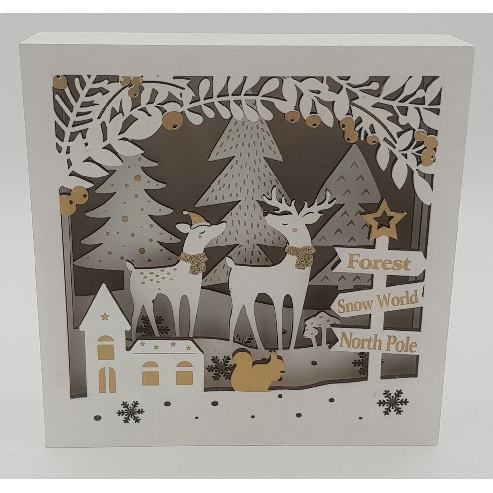 Decoratiune tablou din lemn cu peisaj de iarna si LED, 22x22cm, Alb/Auriu