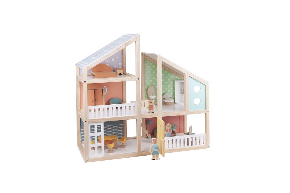 Casa pentru papusi din lemn, 19 piese, Multicolor