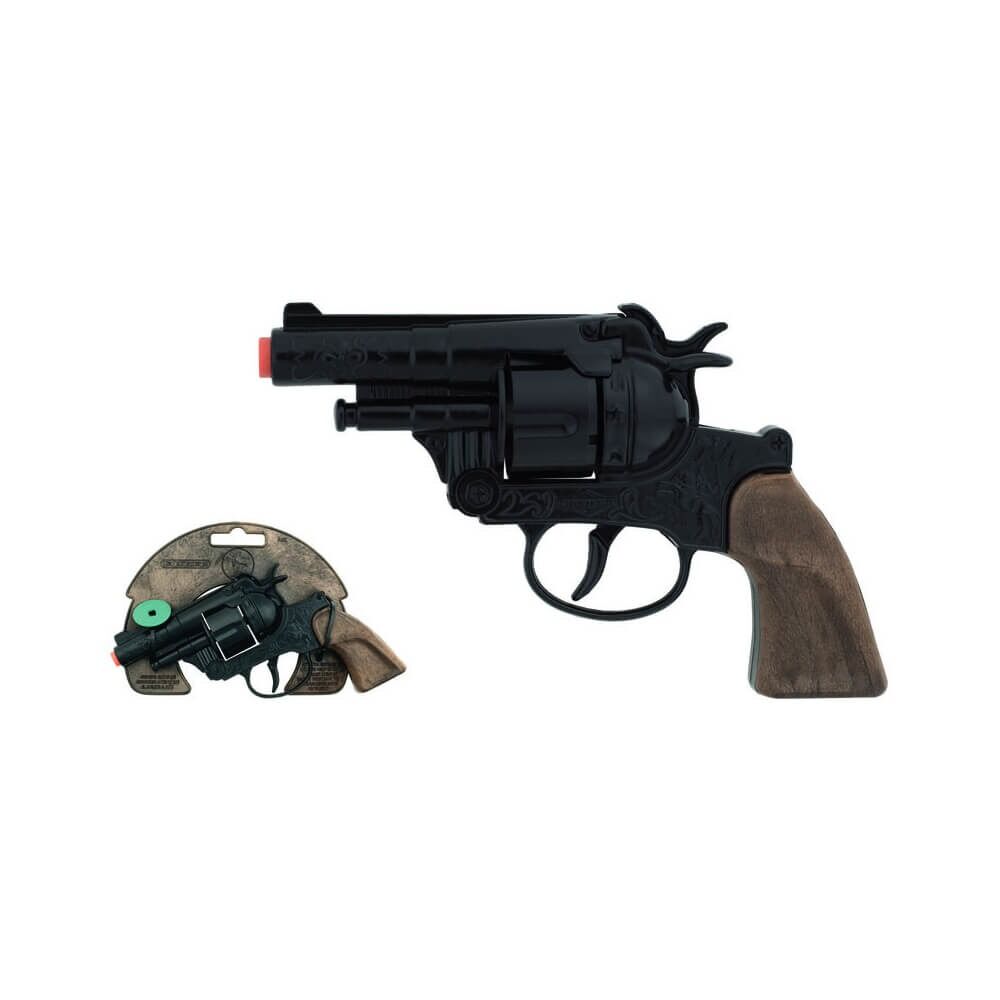 Pistol de politie Gonher, capse cu 12 bucati, metal, 18.5 cm, Gri/Maro