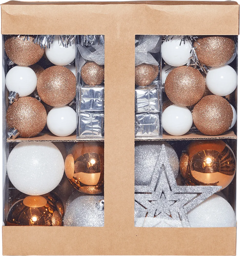 Set 100 ornamente brad Carrefour, Maro/Argintiu/Alb