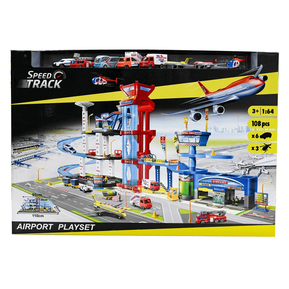 Set aeroport cu 108 piese Speed Track, 1:64, Multicolor