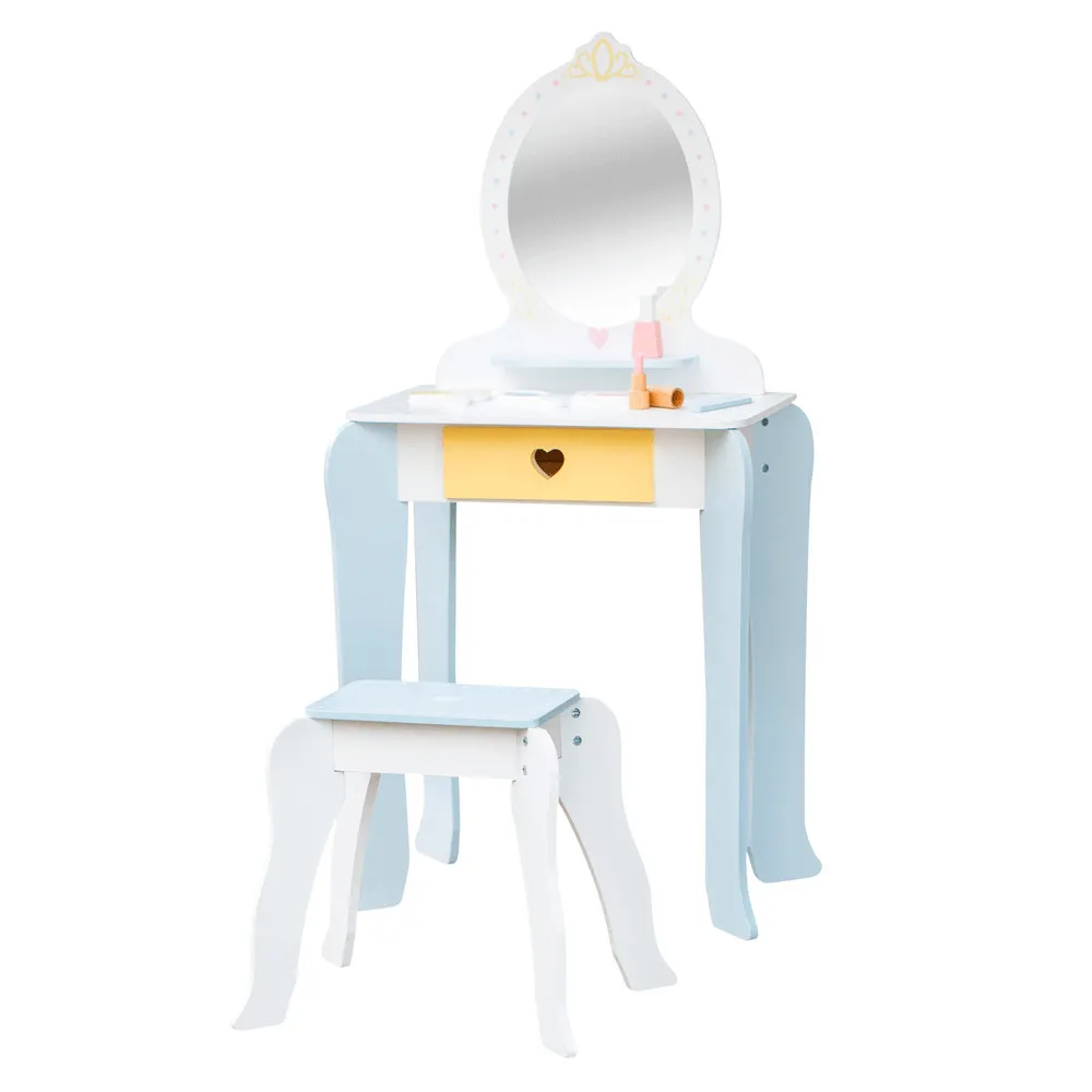 Masuta de machiaj cu scaun si 7 accesorii, lemn, Multicolor