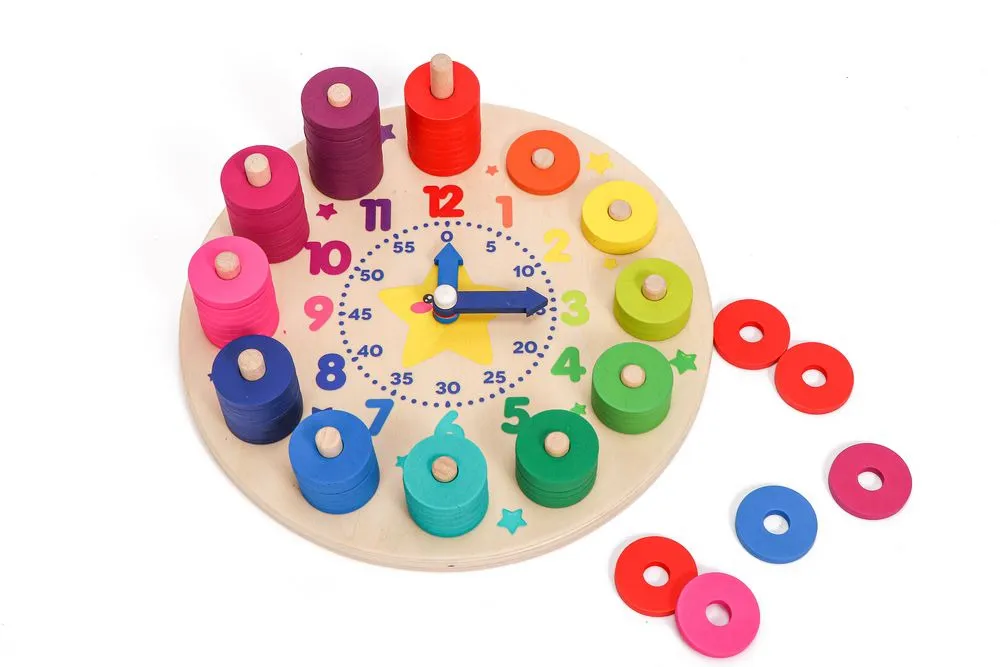 Joc educativ Numere si ceas Montessori, lemn, Multicolor