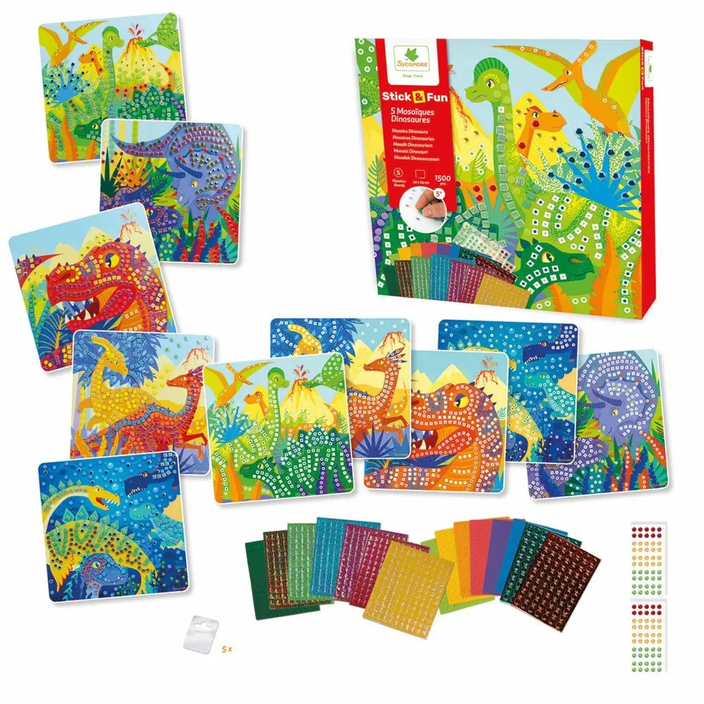 Kit de creatie Sycamore Stick n Fun Mozaic Dinozauri, 5 planse, 1500 piese, Multicolor