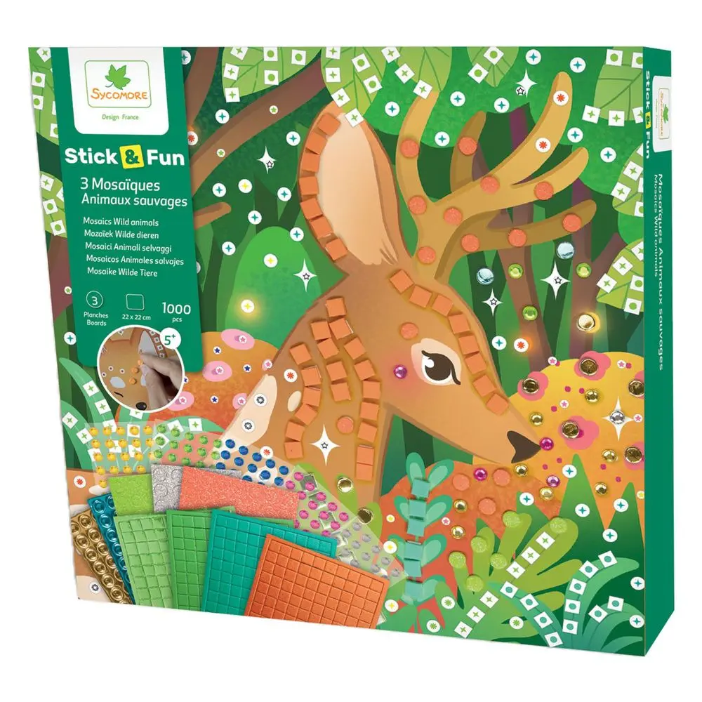 Kit de creatie Sycamore Stick n Fun Mozaic Animale salbatice, 3 planse, 1000 piese, Multicolor