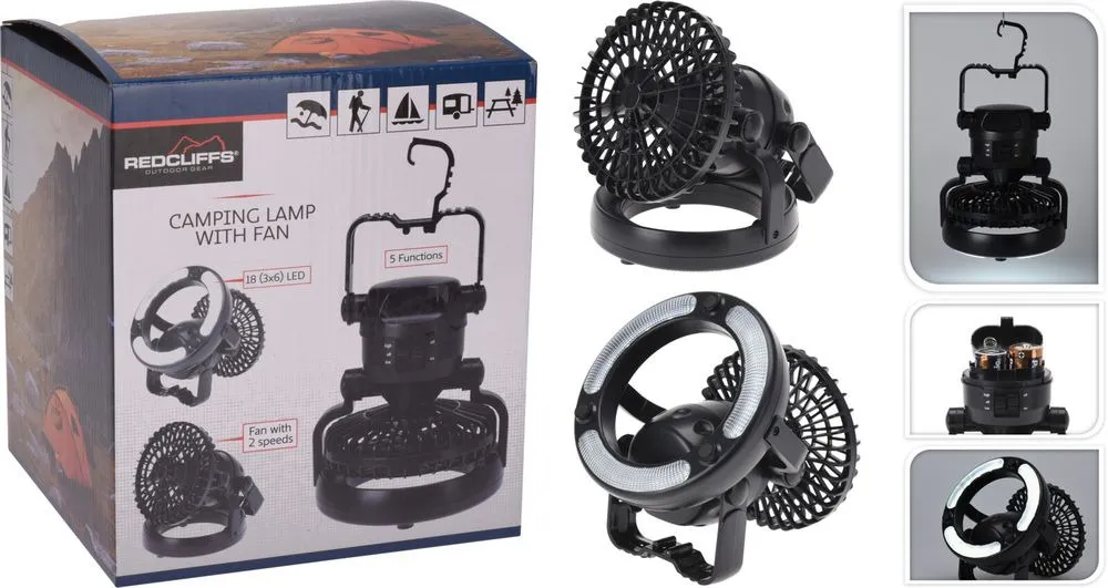 Lampa pentru camping cu ventilator Redcliffs, 18 LED-uri, Negru