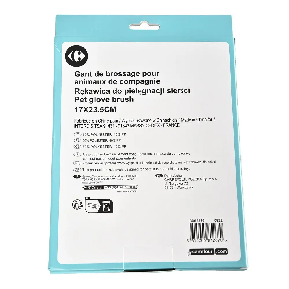 Perie tip manusa pentru animale de companie Carrefour Care, poliester/PP, 17x23.5 cm, Albastru/Negru