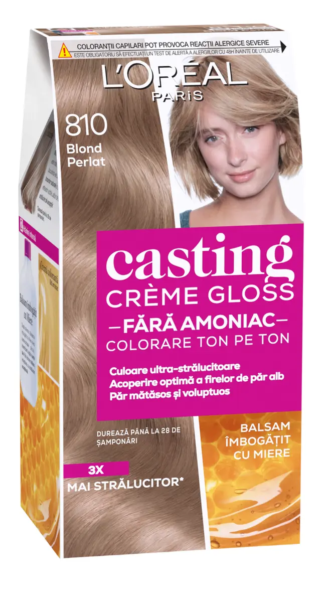 Vopsea de par semi-permanenta L'Oreal Paris Casting Creme Gloss fara amoniac 810 Blond Perlat, 180 ml