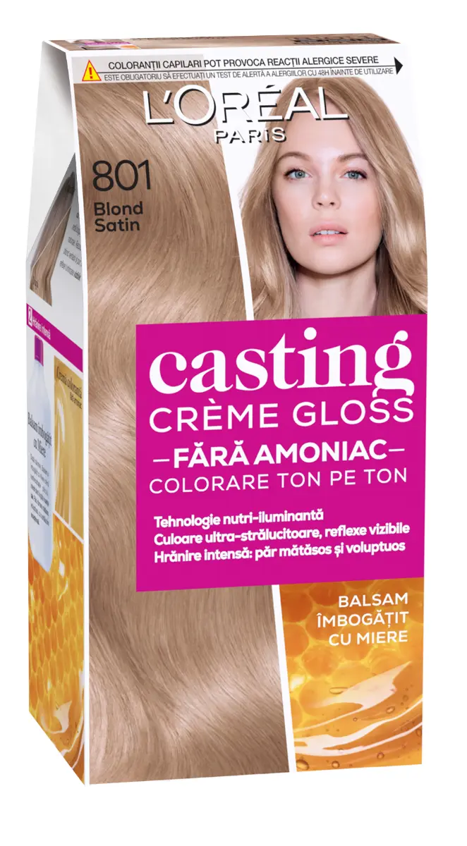 Vopsea de par semi-permanenta L'Oreal Paris Casting Creme Gloss 801 Blond Satin, fara amoniac, 180ml