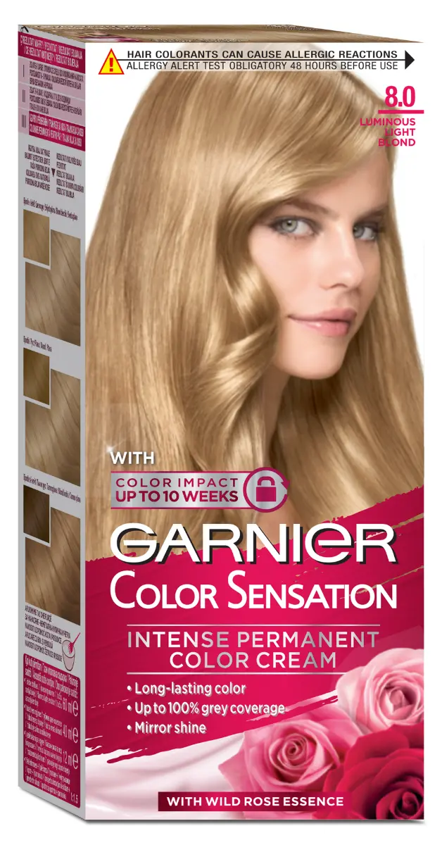 Vopsea de par permanenta Garnier Color Sensation 8.0 Blond Deschis Luminos, cu amoniac 110 ml