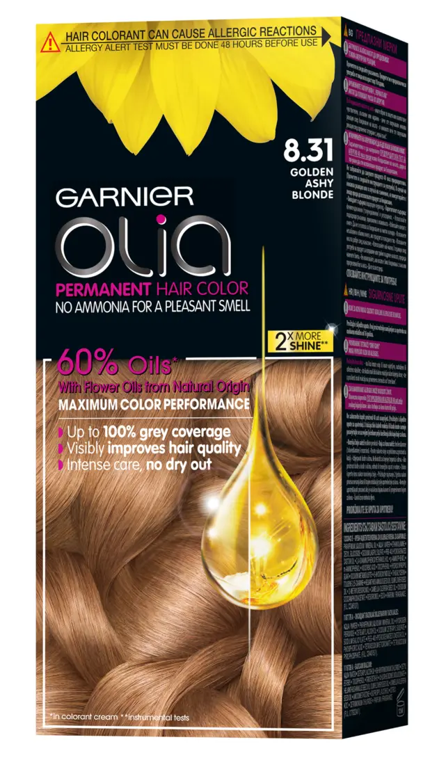Vopsea de par permanenta Garnier Olia 8.31 Golden Ashy Blonde, fara amoniac 112 ml