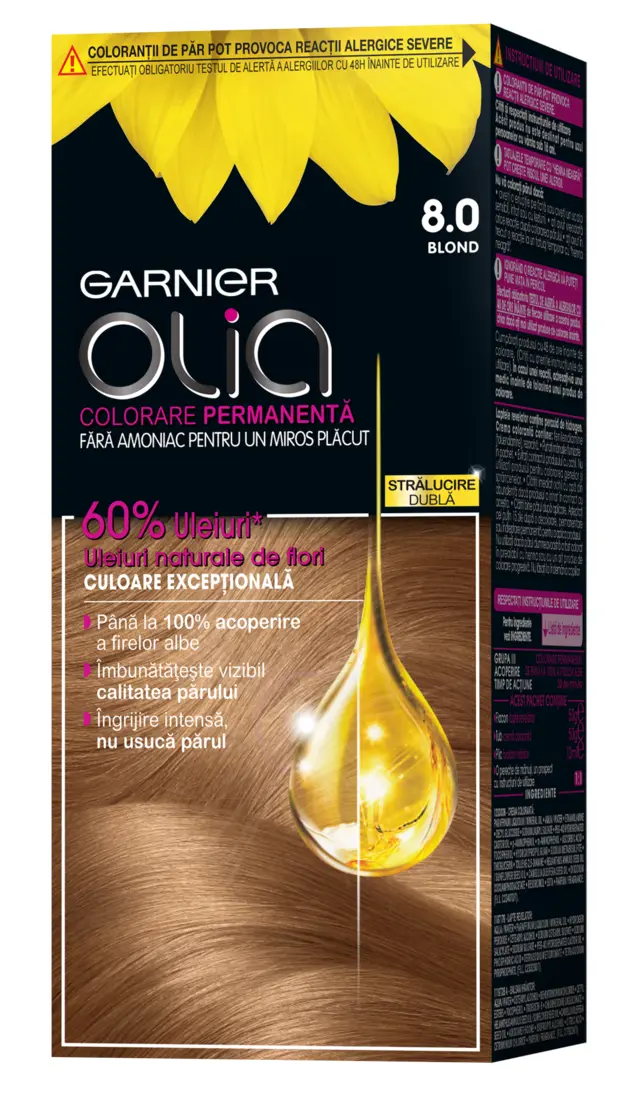 Vopsea de par permanenta Garnier Olia 8.0 Blond, fara amoniac 112 ml