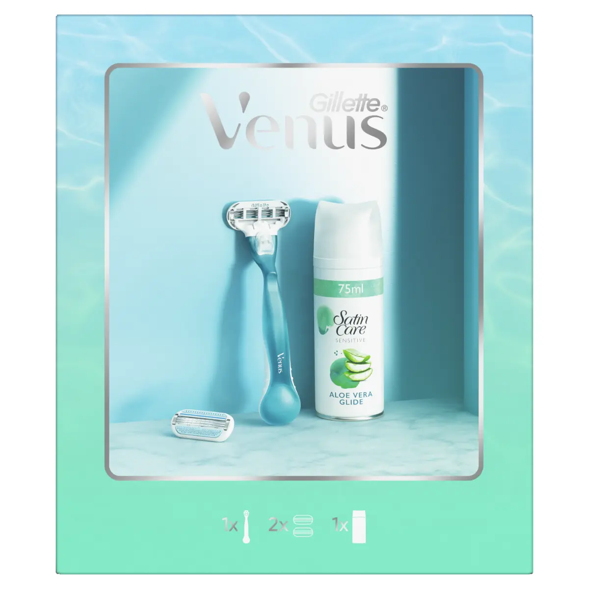 Set Cadou Venus Smooth: Aparat de ras pentru femei + 1 Lama de rezerva + Gel de ras Satin Care Sensitive Aloe Vera Glide, 75 ml