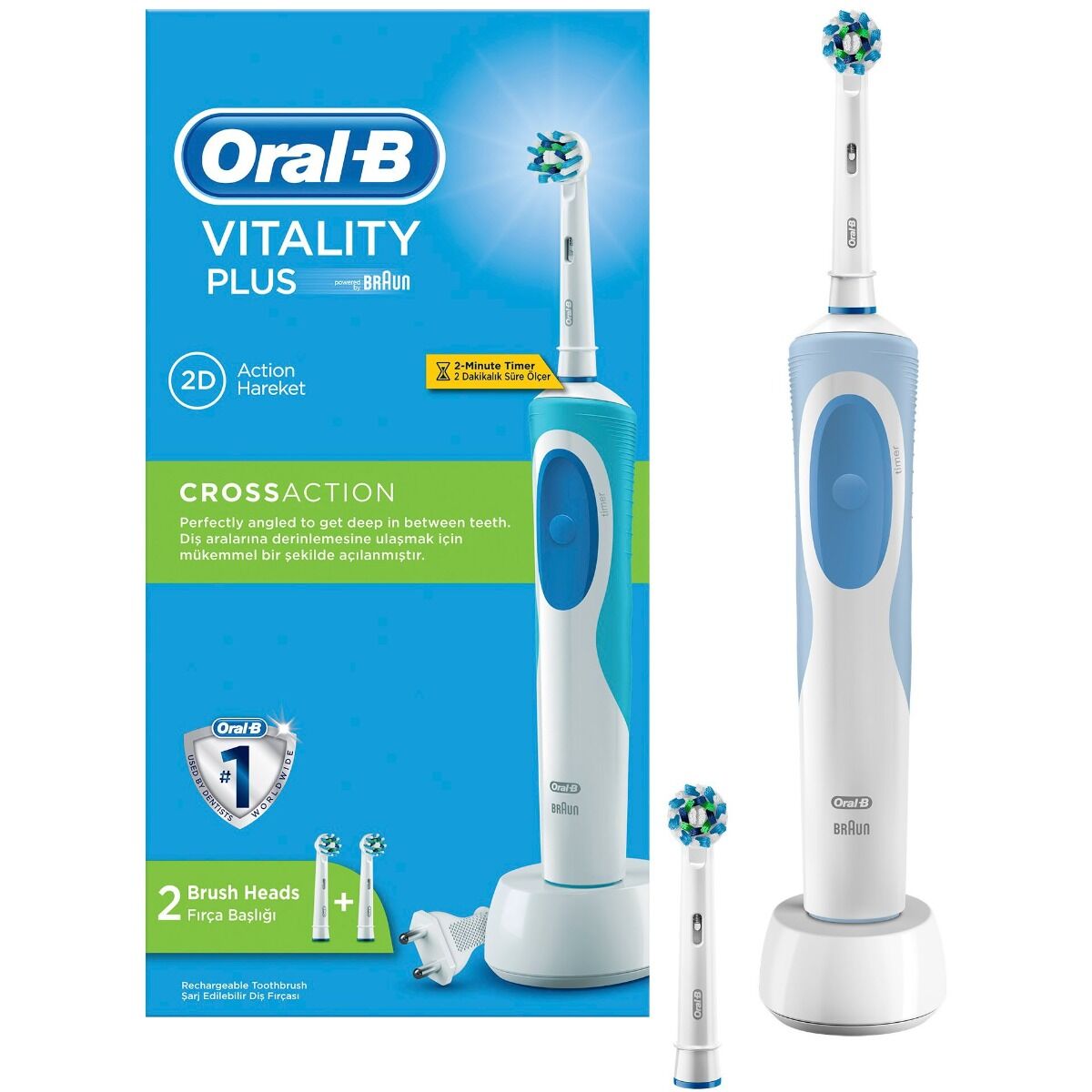 Periuta de dinti electrica Oral-B Vitality Plus Cross Action, 7600 ocilatii/min, Curatare 2D, 1 Program, 2 Capete, Alb/Albastru