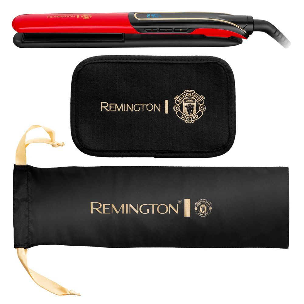 Placa de par Remington Manchester United Edition Sleek & Curl S6755, 230 grade, Black Titanium Ceramic, Timp incalzire 15 sec, Functie Boost, Indreptare/Ondulare, Rosu/Negru