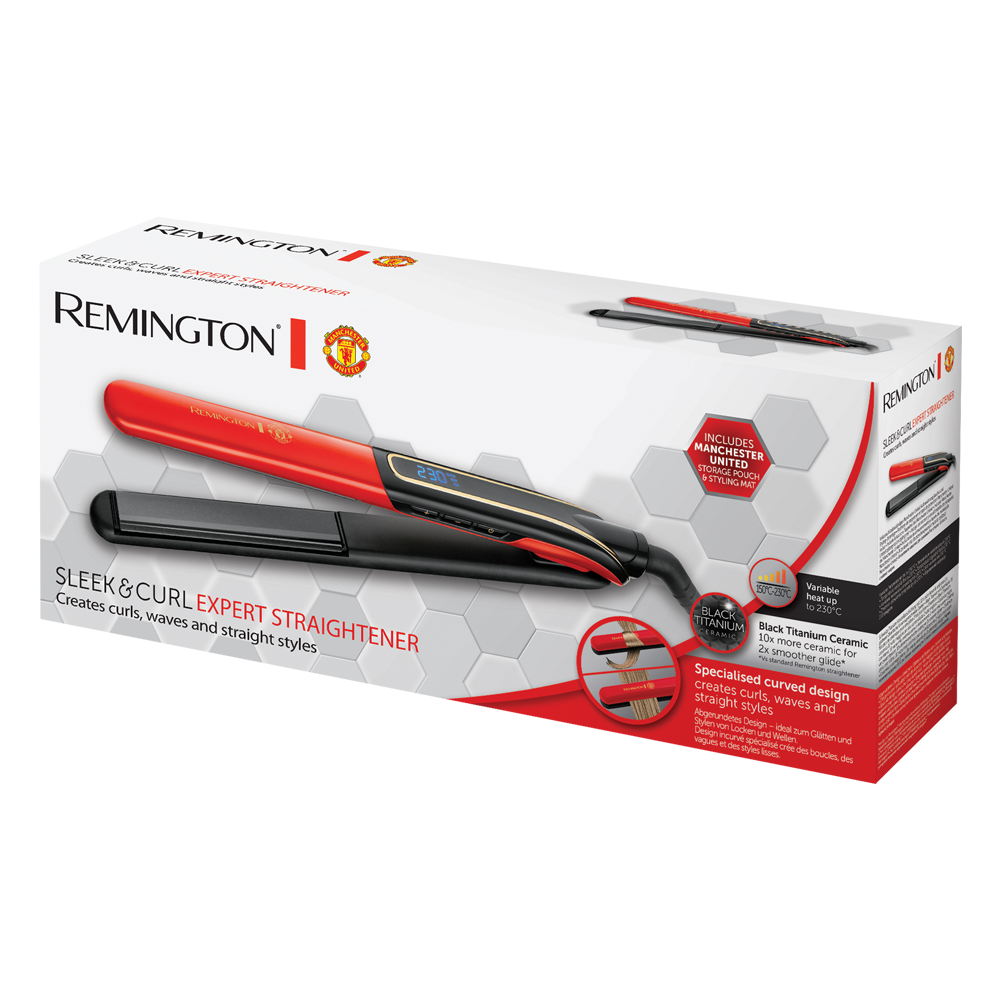 Placa de par Remington Manchester United Edition Sleek & Curl S6755, 230 grade, Black Titanium Ceramic, Timp incalzire 15 sec, Functie Boost, Indreptare/Ondulare, Rosu/Negru