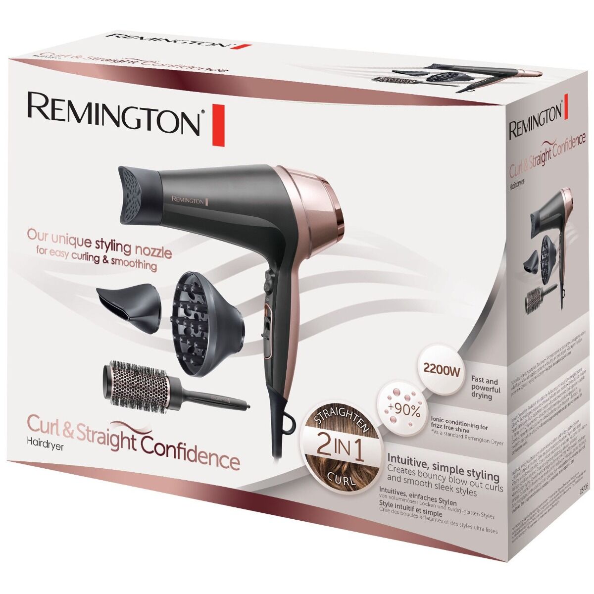 Uscator de par Remington D5706 Curl & Straight Confidence, 2200 W, Ceramica, Concentrator, Generator de ioni, Indreptare Duza ondulare, Perie, Gri