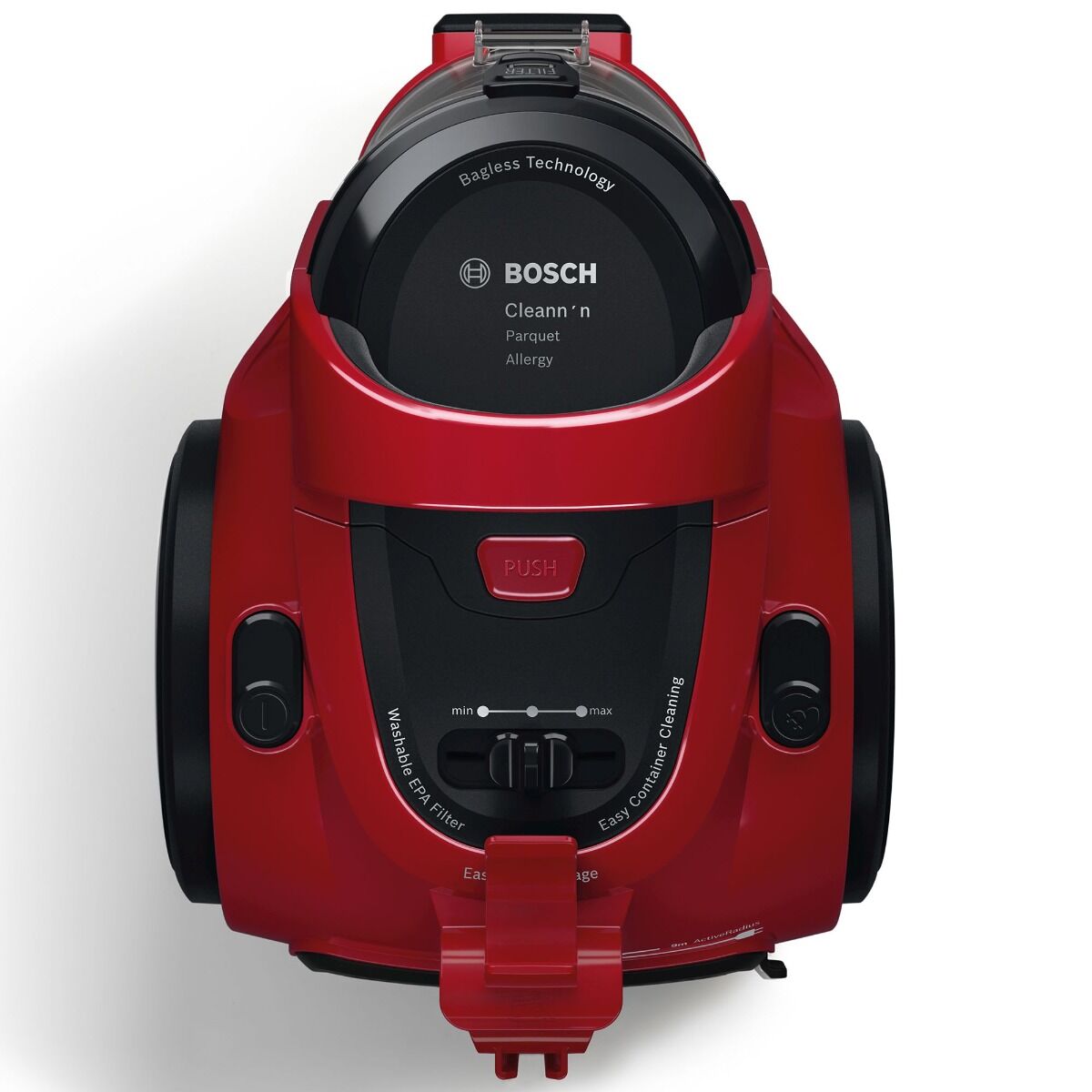 Aspirator fara sac Bosch 3A BGC05AAA2, 700W, 1.5 l, Filtru igienic PureAir, Perie parchet, Easy Clean, Rosu/Negru