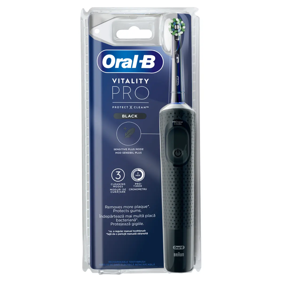 Periuta de dinti electrica Oral-B Vitality Pro Protect & Clean, 7600 oscilatii/min,  Curatare 2D, 3 programe, 1 capat, black