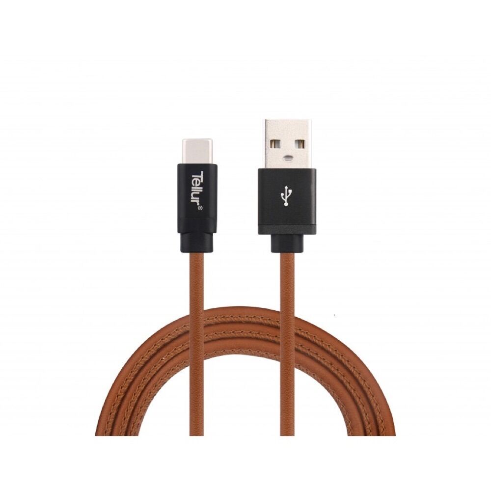 Cablu de date Tellur TLL155341, USB/Type-C, 1 m, 3 A, piele naturala, Maro