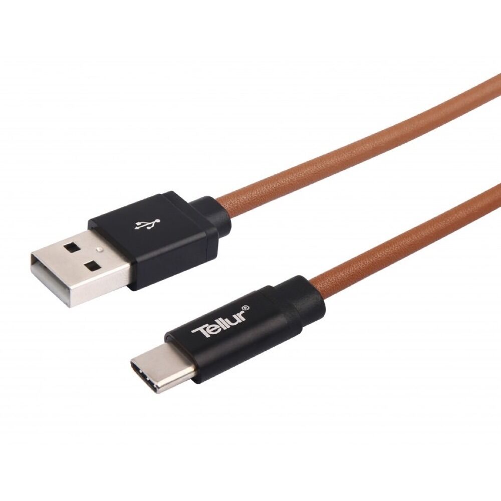 Cablu de date Tellur TLL155341, USB/Type-C, 1 m, 3 A, piele naturala, Maro