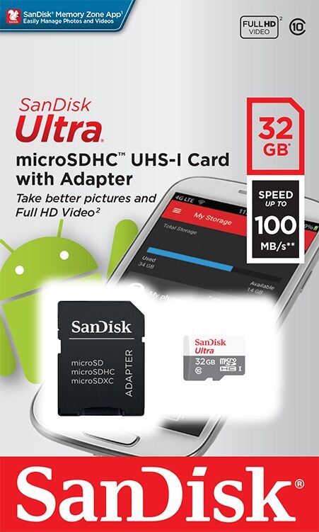 Card memorie SanDisk Ultra, MicroSDHC, 32 GB, 100 MB/s + Adaptor