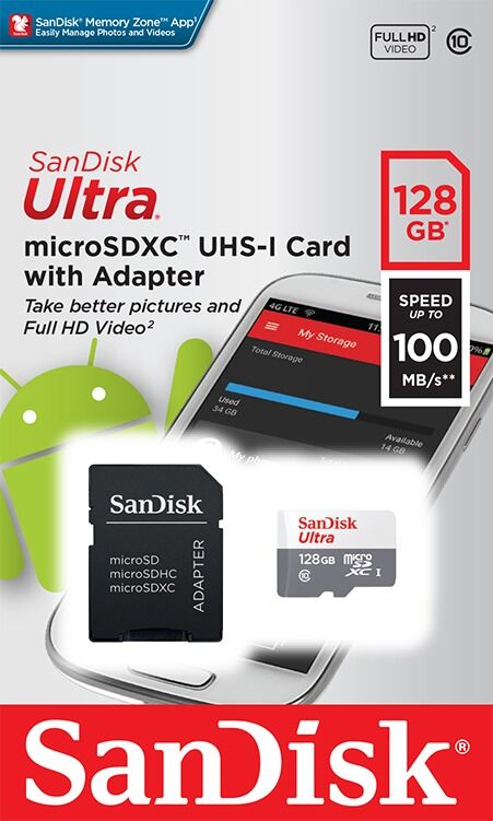 Card memorie SanDisk Ultra, MicroSD, 128GB, 100MB/s + Adaptor