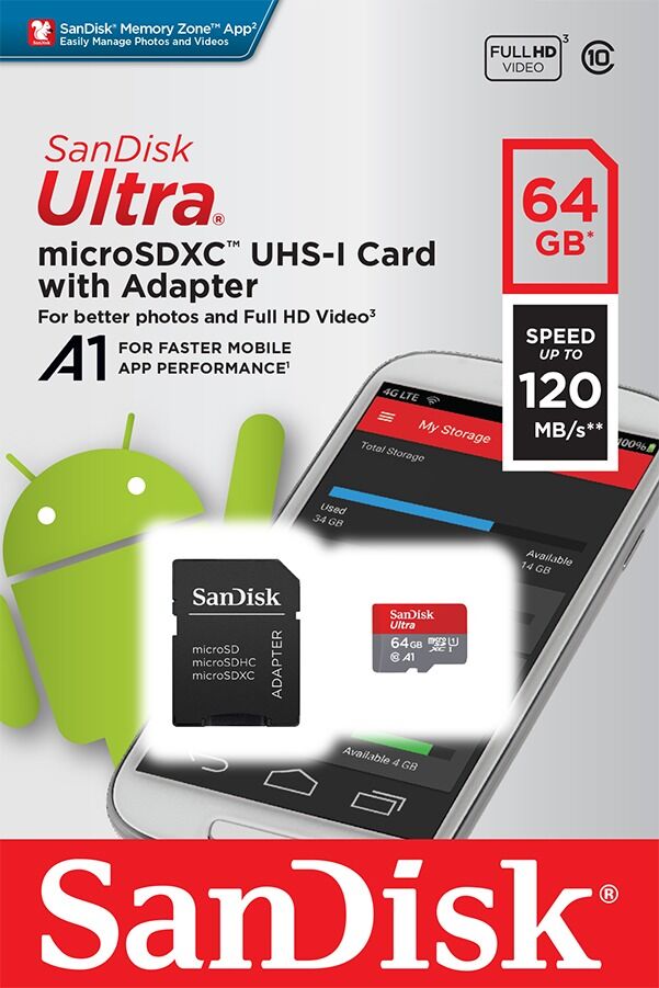 Card memorie SanDisk Ultra, MicroSDXC, 64GB, 120 MB/s + Adaptor