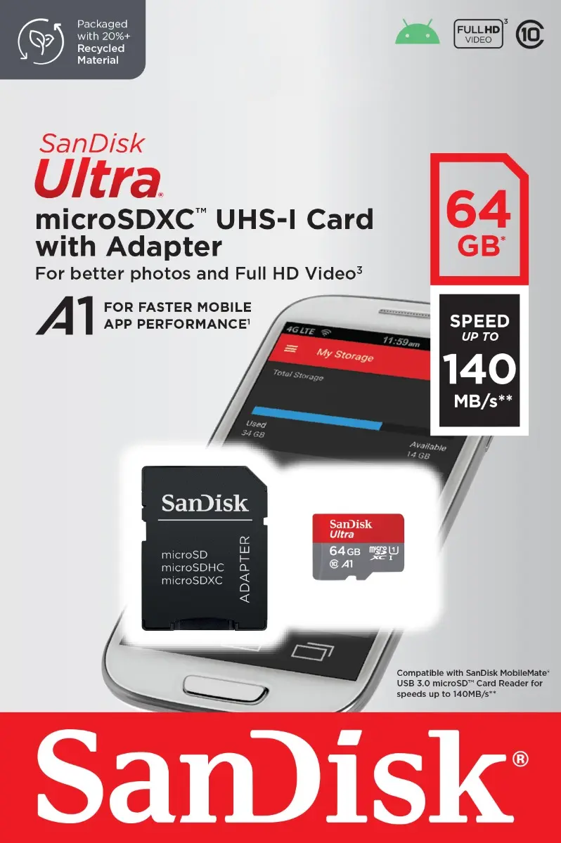 Card memorie Sandisk Ultra MicroSDHC 64GB, Clasa 10 + Adaptor SD