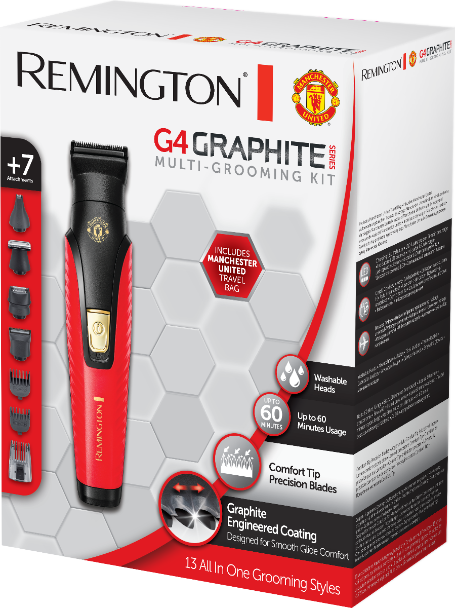 Set de tuns parul si barba 7 in 1 Remington Graphite Series G4 Manchester United Edition PG4005, Lame Grafit, Autoascutire, 60 min, Rosu/Negru
