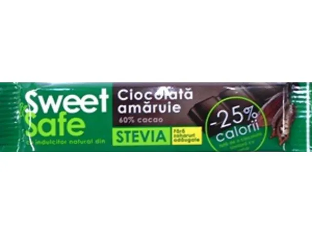 Ciocolata amaruie Sweet & Safe cu indulcitor natural din stevia 25 g