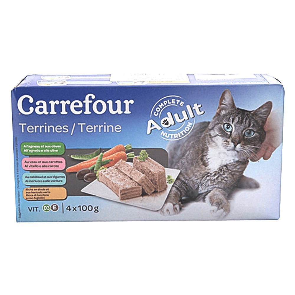 Pateu pentru pisici cu cod, vita si miel Carrefour 4x100g
