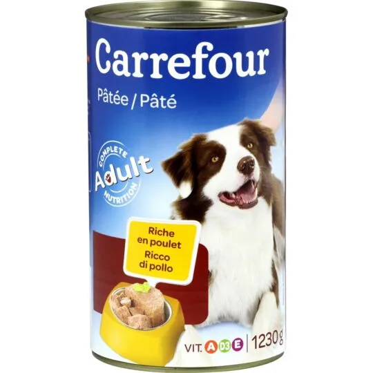 Hrana umeda pentru caini adulti Carrefour cu pui, pate, 1230 g