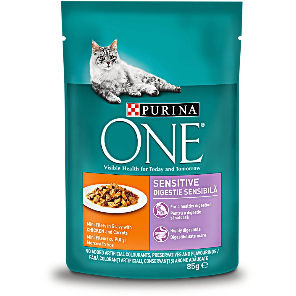 Hrana umeda pentru pisici cu pui si morcov Purina One Sensitive 85g