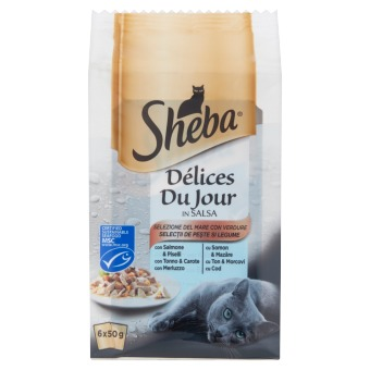 Hrana umeda completa pentru pisici adulte Delices Du Jour Sheba, selectii de peste si legume, 6 x 50 g