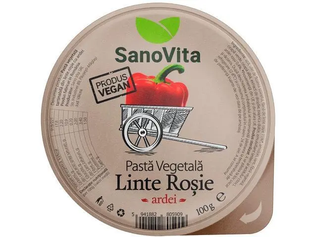 Pasta vegetala tartinabila Sanovita VegieLife din linte rosie cu ardei si ceapa 100 g