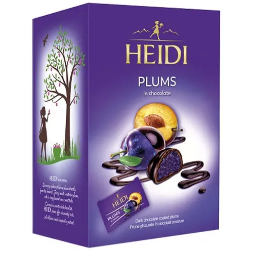 Prune glazurate in ciocolata amaruie Heidi Plums, 8buc, 185g