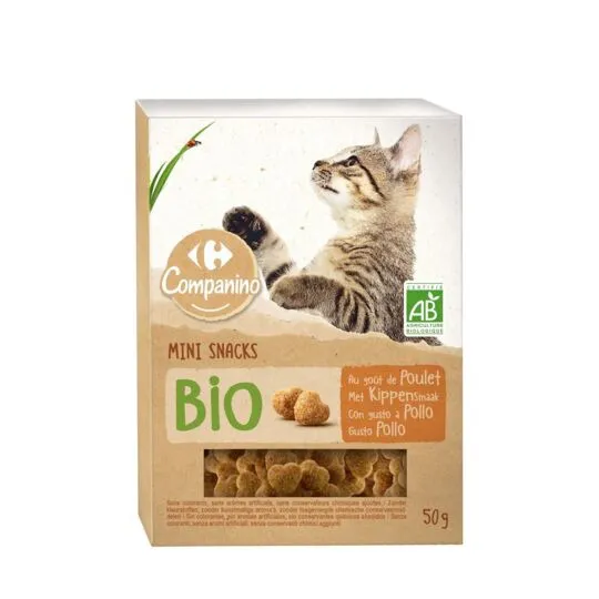 Snacks pisici Carrefour Bio, cu gust de pui, 50g