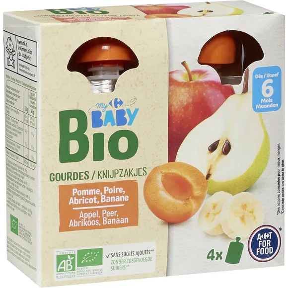 Piure cu mere, pere, caise pentru bebelusi Carrefour My Baby Bio, 4x90g