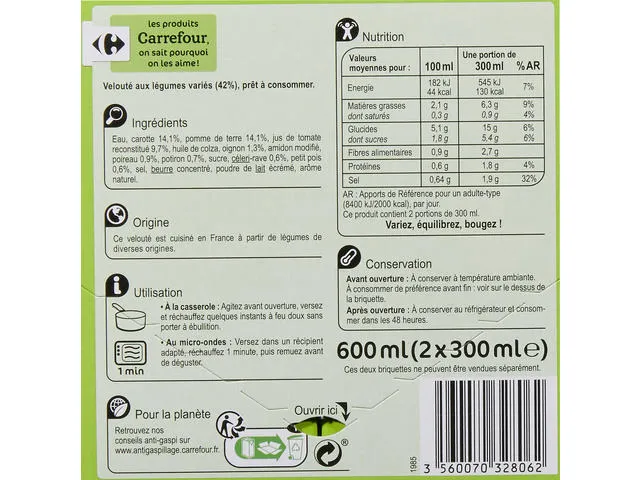 Supa lichida Carrefour, 8 legume 600ml (2 portii x 300ml)