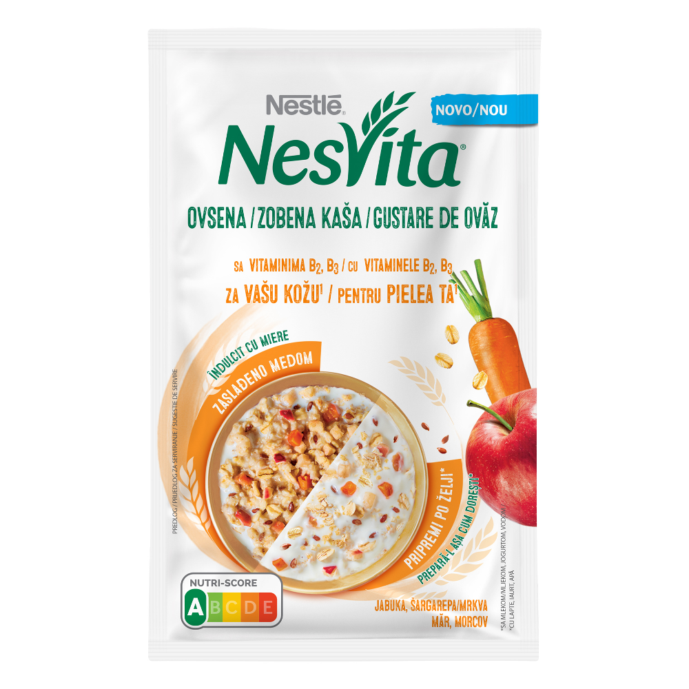 Gustare de ovaz Nestle Nestvita cu fulgi de grau copti, cu vitamine si minerale, cu morcovi, mere si seminte de in 35g