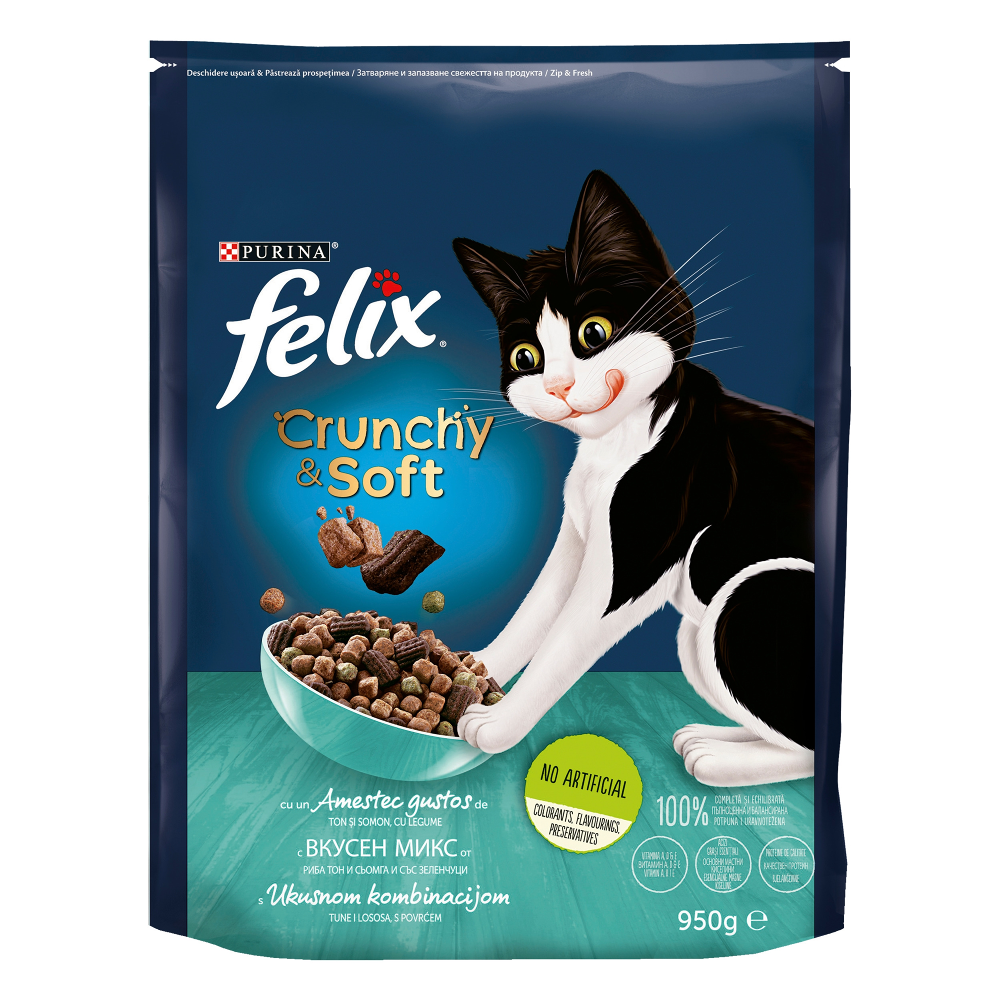 Hrana uscata pisici Felix Crunchy & Soft Ton si Somon, cu Legume 950g