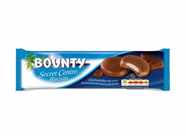 Biscuiti crocanti Bounty Secret Centre Biscuits cu crema de cocos inveliti in ciocolata cu lapte 132 g