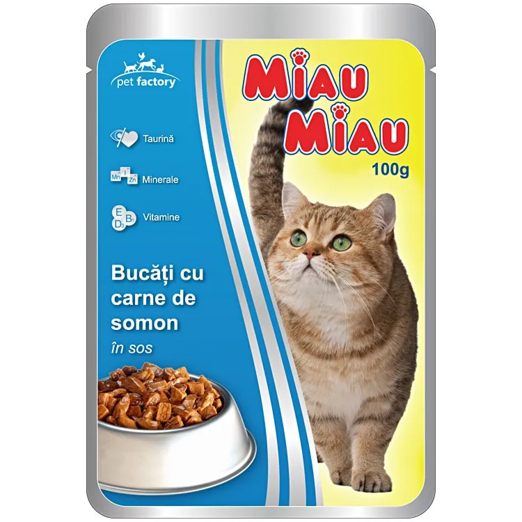 Hrana umeda pentru pisici Miau-Miau, Somon in sos, plic 100g