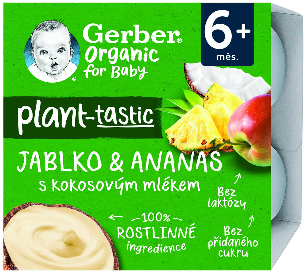 Piure bebe Gerber Organic cu mar, cocos si ananas, de la 6 luni, 4 x 90g