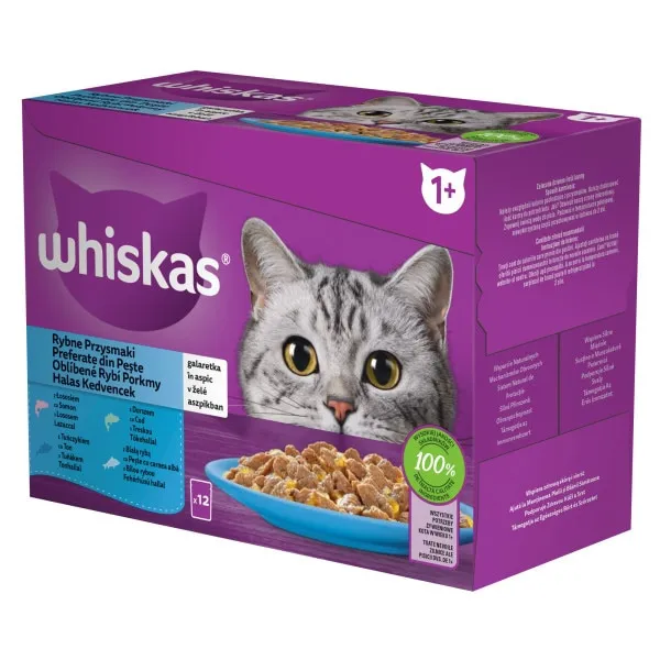 Hrana umeda pentru pisici Whiskas selectii de Peste in aspic, Somon, Ton, Cod si Peste cu carne alba, 12 x 85 g