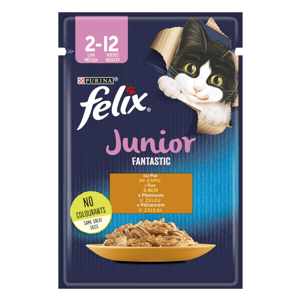 Hrana umeda pentru pisici Felix Fantastic Junior Pui in Aspic, 85g